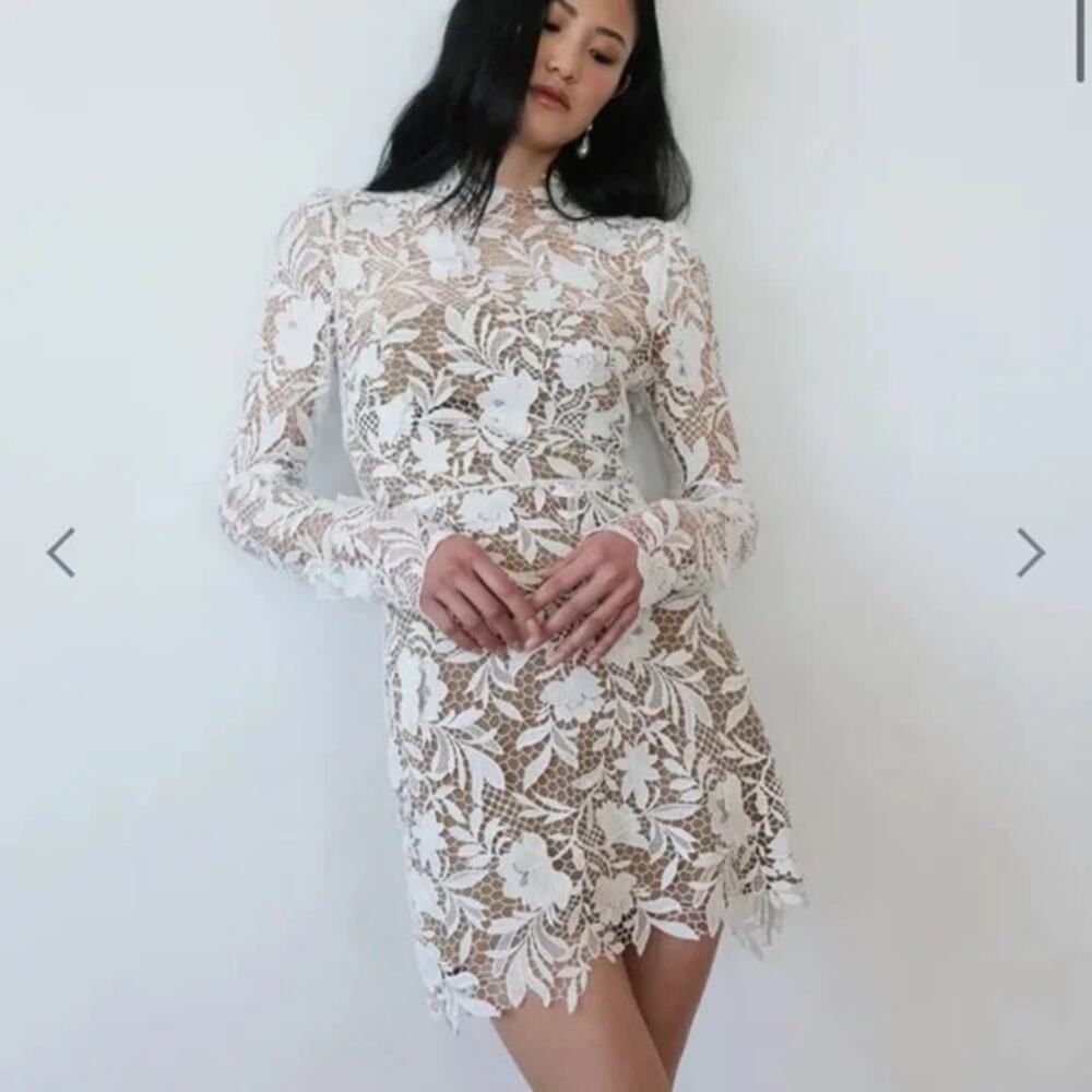 Jenny Yoo Lace White Samira Long Sleeve Mock Neck Mini Dress Size 8 Bride